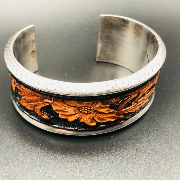 Vtg Peyote Bird Designer Tooled Leather Cuff Bracelet, Sterling Silver, 40.4 Gm - Picture 6 of 15